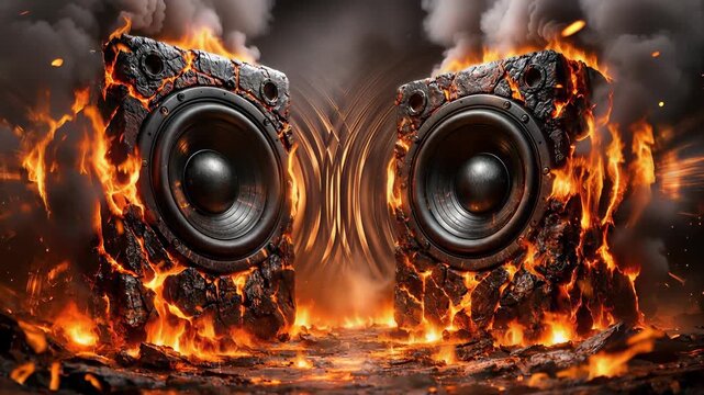 Powerful cinematic speakers blasting intense sound waves with fire, and explosive stage pyrotechnics. Dramatic music energy with burning speakers, glowing heat, and extreme bass.