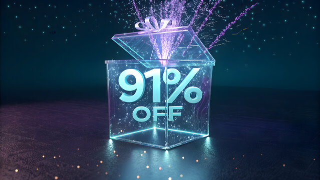 Holographic transparent gift box with 91 percent off discount digital effect glowing sparkles futuristic sale