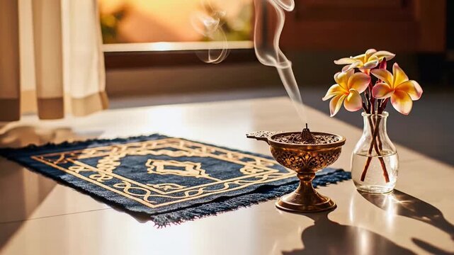 Indoor scene with prayer mat flowers.