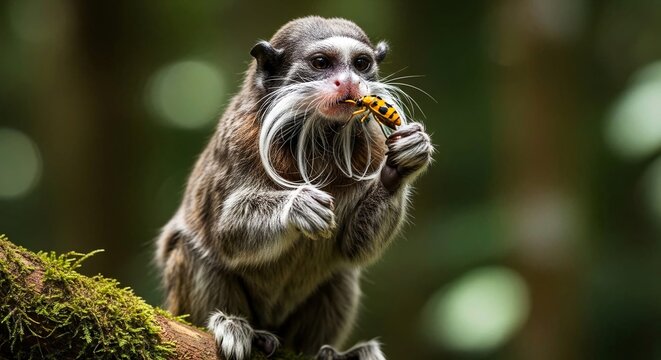 Emperor Tamarin Feeding on Insect in Amazon Rainforest, Close-Up Portrait of Exotic Primate.