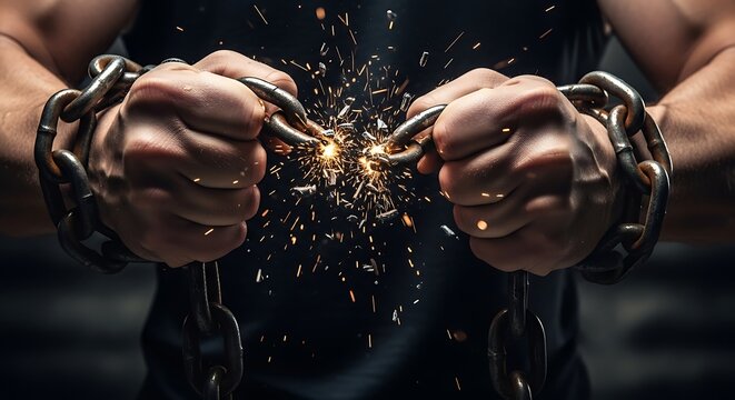 Close-up of powerful hands breaking a heavy metal chain with sparks flying, symbolizing strength and freedom.