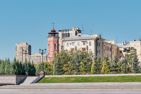 Historic Tsaritsyn Fire Tower in Volgograd, Russia. XIX Century Landmark