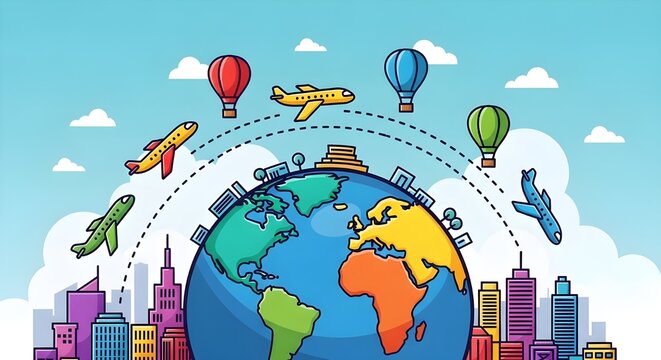 Plantilla de viajes y turismo con monumentos famosos y material de viaje.
 Vector