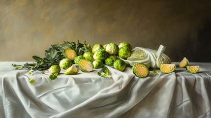 Whole and Halved Brussels Sprouts and Cabbage on Linen