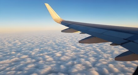 Obraz premium Ala de avión por encima de las nubes. Vista desde la ventana del avión. Concepto de transporte y viajes aéreos.
