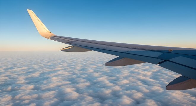 Ala de avi&oacute;n por encima de las nubes.
 Vista desde la ventana del avi&oacute;n.
 Concepto de transporte y viajes a&eacute;reos.