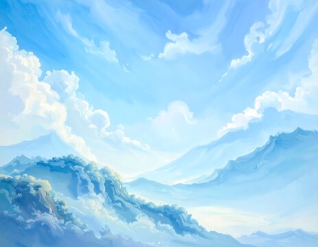 A serene mountain landscape with blue sky and clouds