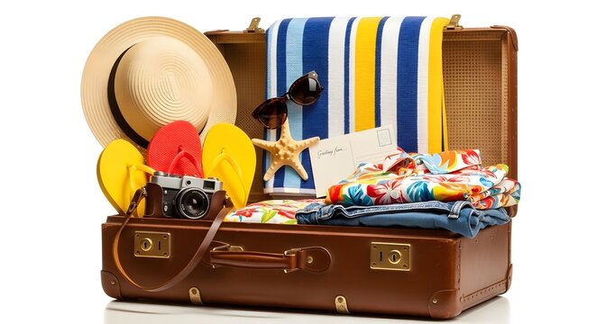 Maleta retro con objetos de viaje sobre tabla de madera sobre fondo natural