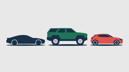 Fototapeta premium Vector illustration of three cars, a sedan, SUV, and sports car, lined up in a row on a plain background from a straight-on viewpoint