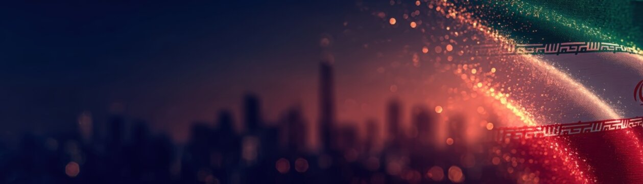 A blurred cinematic city skyline overlaid with the colors of the Iranian flag, evoking a patriotic and artistic urban atmosphere, the US - Iran Conflict Effects