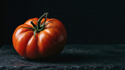 Moody chiaroscuro heirloom tomato resting on textured slate stone with dark minimalist copy space for culinary ingredient marketing.