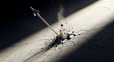 A dramatic close-up shot of a single arrow deeply embedded in cracked, dusty ground, illuminated by a strong beam of light, creating a stark contrast.