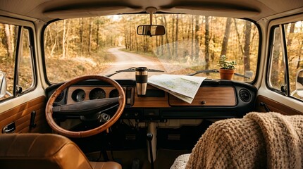 Fototapeta premium Cozy Camper Van Dashboard View Facing Winding Forest Road With Warm Tones And Adventure Lifestyle