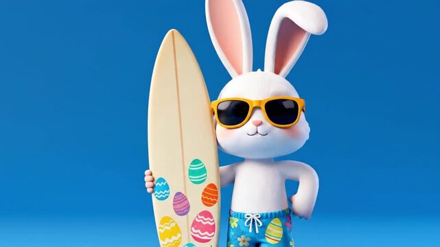 Teenage Easter bunny wearing sunglasses and beach shorts holding an unbranded surfboard decorated with Easter egg patterns on the right side