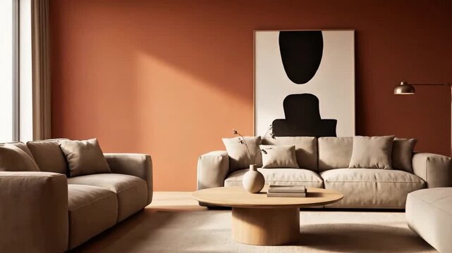 A serene living room with couches and a coffee table beside a window, illuminated by natural light