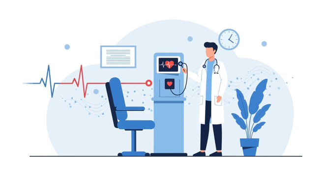Doctor examining patient with advanced medical equipment and heart monitor