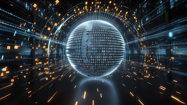 Digital data sphere with binary code explosion