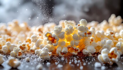 Popping kernels exploding into fluffy popcorn on a dark surface, captured in a close-up, high-speed photography