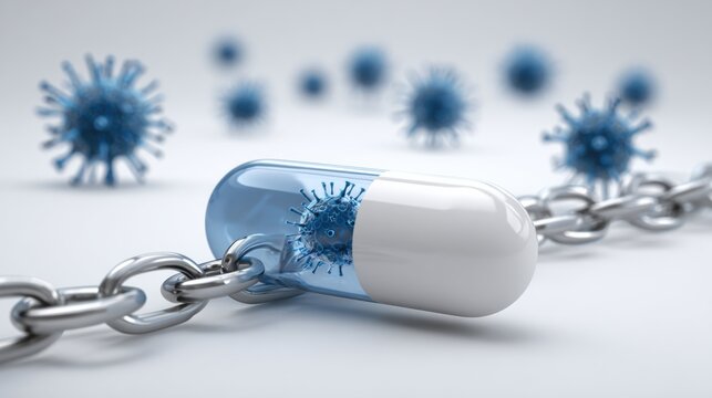 A capsule shows a virus icon on one side and is separated by a barrier line, representing the idea of protection against germs.