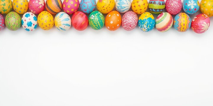 Row of vibrant hand-painted Easter eggs forming a top border on clean white background. Ideal for Easter 2026 and spring greeting cards, posters, and social media designs with copy space.