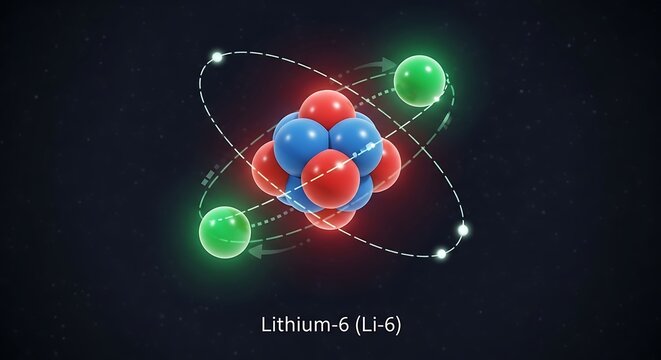 3D rendering of Lithium-6 atom structure with orbiting electrons