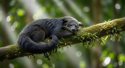 Fototapeta premium Charming Baby Gorilla Resting on Tree Branch in Tropical Forest
