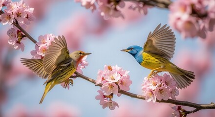 Naklejka premium Charming Pair of Colorful Hummingbirds Interacting on Blossom Tree Branch