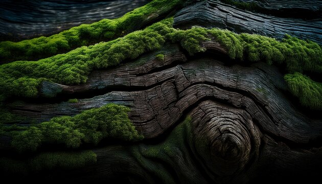 Dark Cracked Tree Bark With Green Moss Natural Decay Forest Texture Moody Background Creative Use