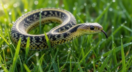 Fototapeta premium Close-up of a Beautiful Grass Snake in Fresh Green Meadow with Dew Drops