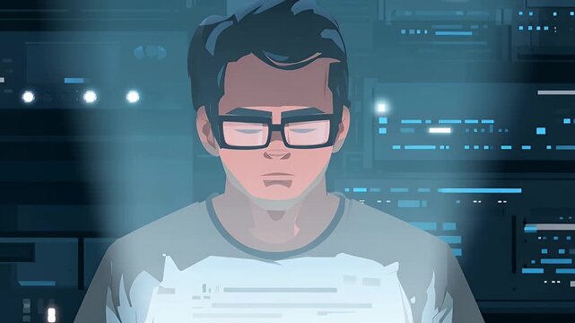 Young male technician sitting on floor with laptop inside a modern server room, surrounded by glowing blue racks of data servers.