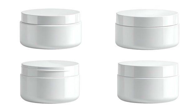 Four plain, white cosmetic jars with rounded edges arranged in a 2x2 grid