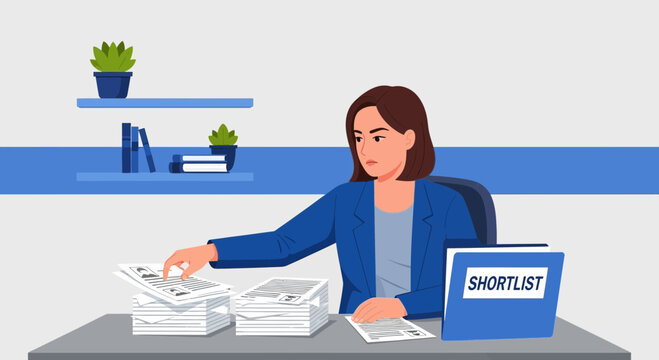Woman reviewing documents and sorting files at desk, shortlist folder on table