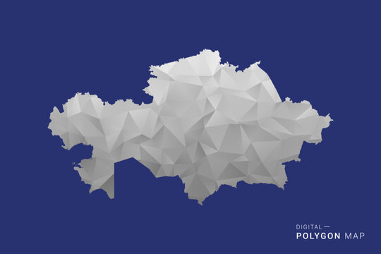 Kazakhstan Map - Polygon White and Black map Style Vector Illustration, Low Poly Geometric Design, Isolated on blue Background.