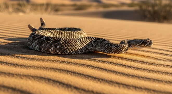 Close-up of a Desert Sidewinder Rattlesnake slithering across dunes in arid landscape during daytime