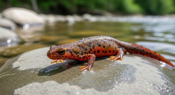 Close-up of a colorful newt resting on a smooth rock in a natural freshwater habitat