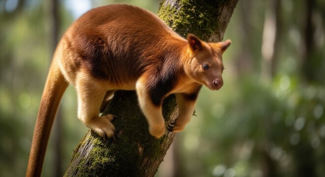 Close-Up of a Malayan Jungle Cat Balancing on Tree Branch in Dense Forest Scene