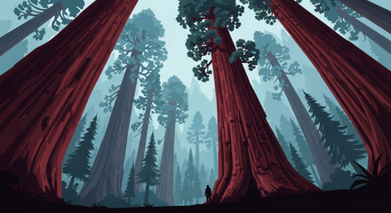 Majestic giant sequoia trees in a misty forest landscape with towering trunks and foliage under a hazy sky © Umar1122