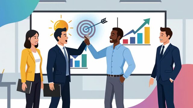 Diverse team meeting with business strategy presentation and achieved goals in cartoon style animation,financial growth and positive business environment