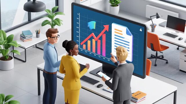 Diverse team reviewing sales growth chart and document on office computer screen in a bright modern workplace