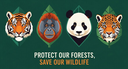 Wildlife conservation poster with tiger gorilla panda and leopard heads on green leafy background © Umar1122