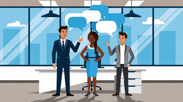 Animated diverse business team discussion in modern office setting with speech bubbles exploring ideas and solutions