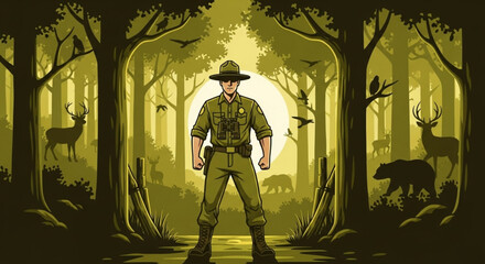 Ranger standing confidently in forest with wildlife trees and sunset background conservation concept