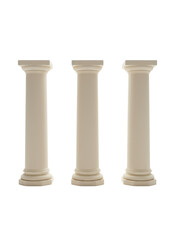 Fototapeta premium 白い背景に垂直に並べられた3本のクラシックな白い円柱の柱。建築、歴史、安定性を象徴するミニマルなデザインで、プレゼンテーションやウェブサイトの背景に最適です。