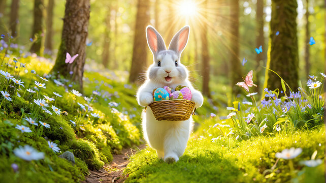 Wei&szlig;er Osterhase mit buntem Eierkorb im sonnigen Wald