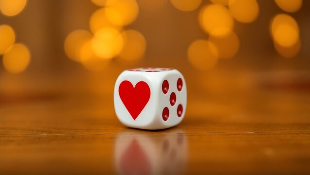 A white die with a red heart and red pips on a wooden surface with a bokeh background of lights