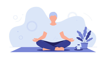 Obraz premium Man Meditating Calmly in Lotus Pose on Yoga Mat, Peaceful Mind