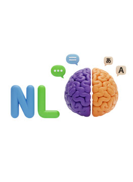 白い背景に「NL」の文字と、言語処理能力を象徴する左右に分かれた脳のカラフルな3Dイラスト。左脳は緑と青の吹き出し、右脳は日本語と英語の文字を伴い、自然言語処理やコミュニケーション、学習、思考の概念を表現したデザイン。