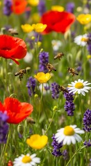 Naklejka premium Colorful wildflowers and busy bees outdoors.