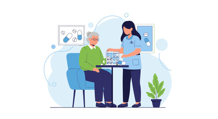 Fototapeta premium Nurse assisting elderly woman with medication, home care, health support, and medical treatment
