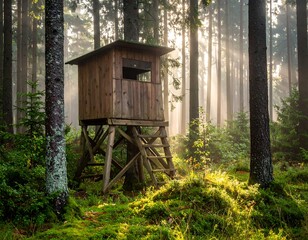 Wooden hunting blind elevated in sunlit forest with tall trees and dappled light filtering through the misty woods